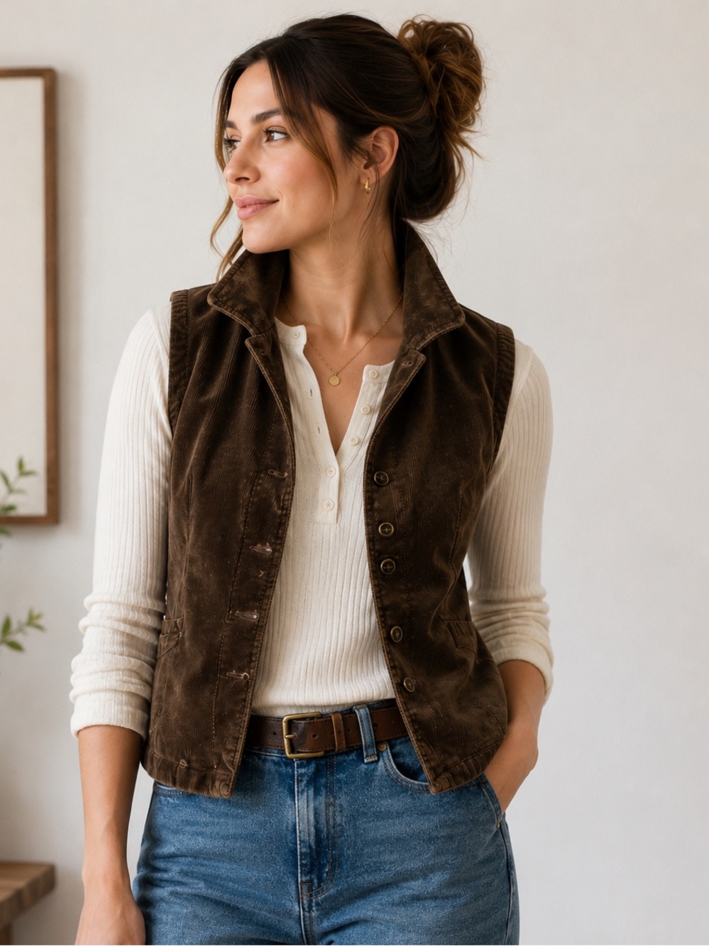 Split Brown Corduroy Button Front Vest Women’s Size Medium
